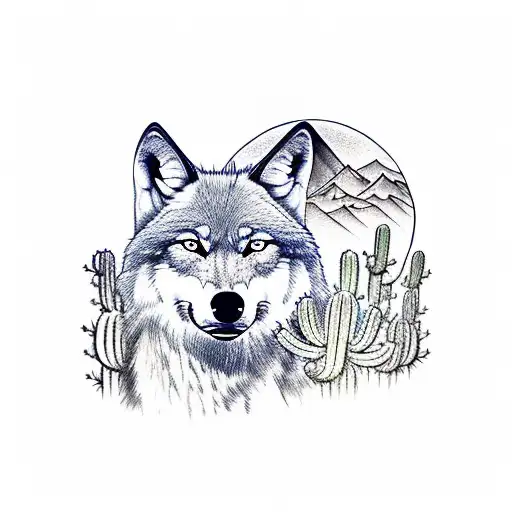 Wolf In Colorado With Cactus And Mountains