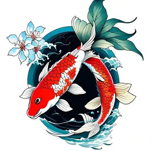 Koi Fish Tattoo With Waves And Cherry Blossoms