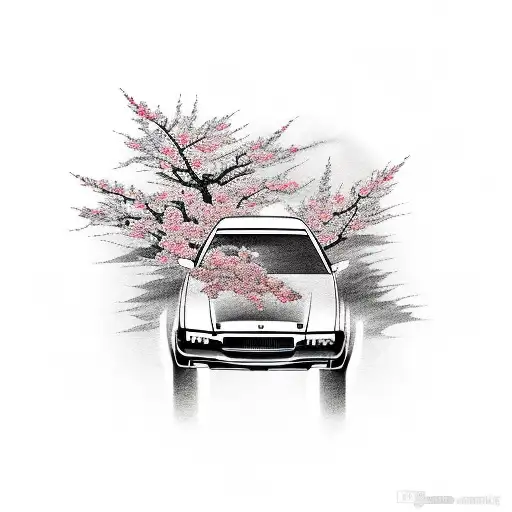 R34 Skyline Car With Japanese Writing And Cherry Blossoms