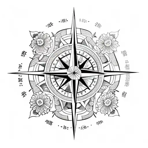 A Compass Rose Intertwined With Blooming Flowers