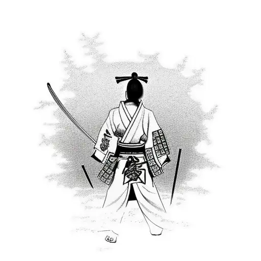 Samurai Standing Near By Sakura During The Sunset