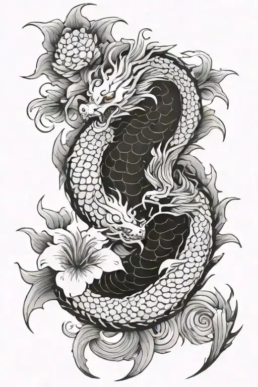 Japanese Dragon Around Two Koi Fish And A Lillie Flower