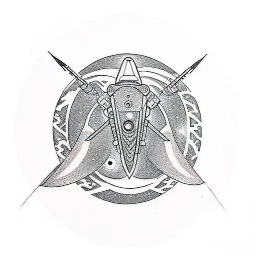A New-school Tattoo Of A Spaceship Soaring Through A Galaxy Filled With Hunting And Fishing Gear