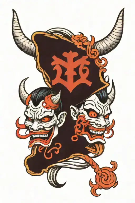 Oni Comedy And Tragedy Masks With Gemini Symbol Intertwined