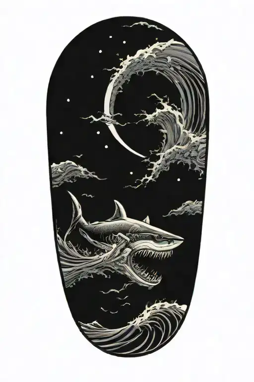 Large Waves Crashing Over Clouds At Night With A Crescent Moon And A Great White Shark In The Waves