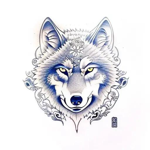 Wolf With Moonlight Flower Butterfly