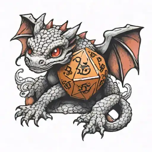 A Cute Baby Dragon Hugging A D20 Dice