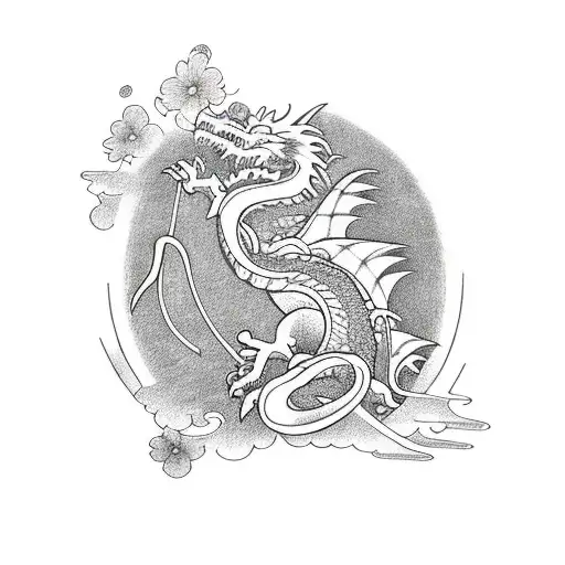 Dragon With Flower Rising Up The Sun