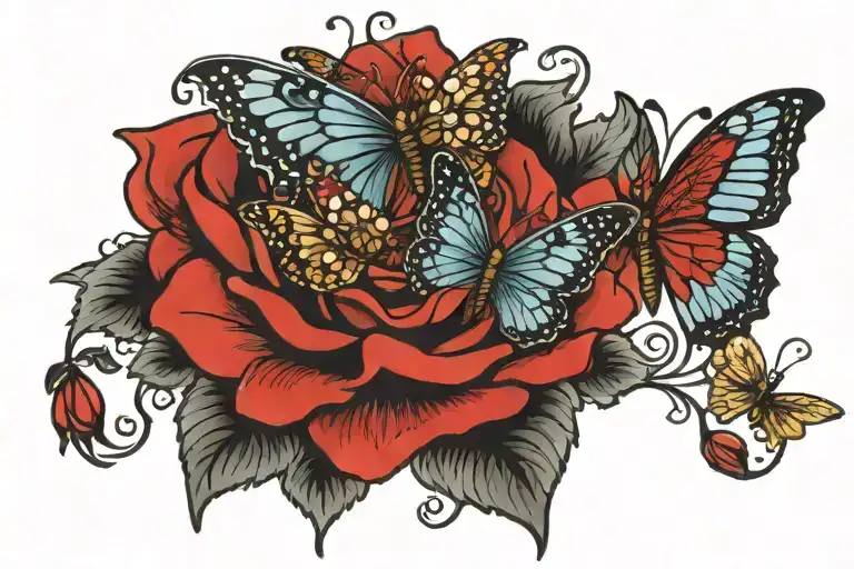 Jeweled Butterflies In A Red Rose Blooming