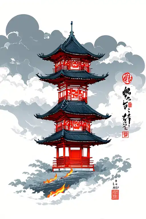 Japanese Tower In Fire