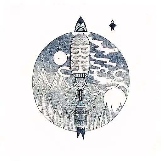 A Mystical Forest With A Rocket Launching Into The Night Sky