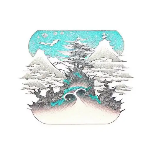 A Traditional Style Tattoo Showcasing A Peaceful Forest Landscape Merging With The Sea