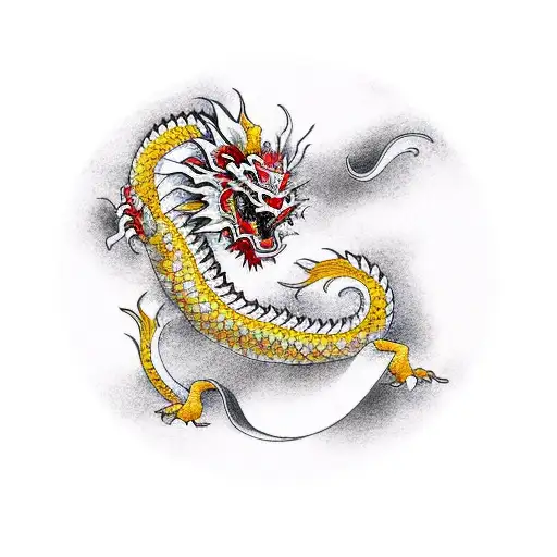 Japanese Dragon In Red And Yellow For Forearm