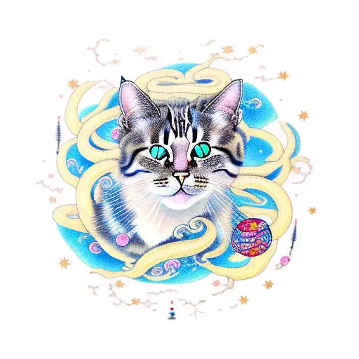 A Realistic Portrait Of A Cat Surrounded By Floating Jellyfish In A Starry Night Sky