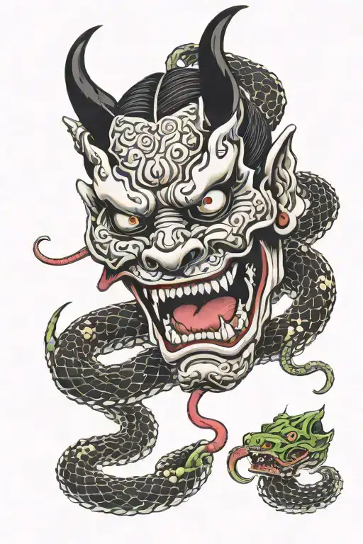 Hannya Mask Biting A Snake