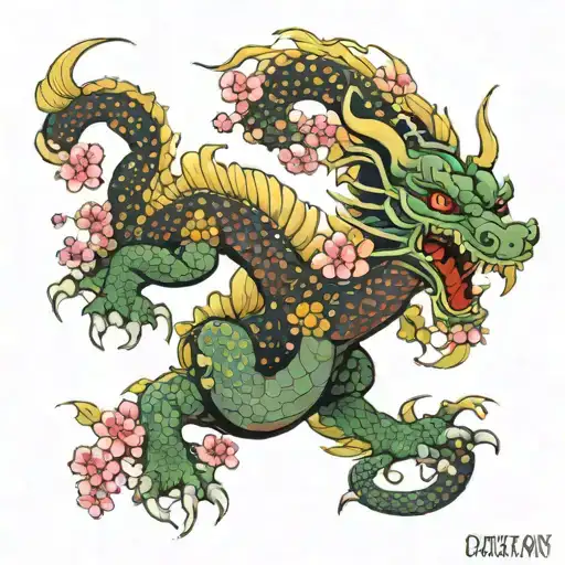 Japanese Style Dragon With Red And Scorpions With Cherry Blossoms