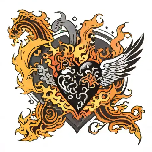 Black Heart Surrounded By Fire And Little Bird Flying Away