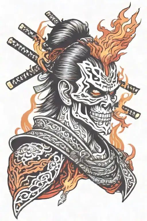 Flaming Skull Head Samurai Warrior Black And Red