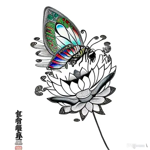 Lotus Flower With Butterfly Dragonfly Peacock Feather