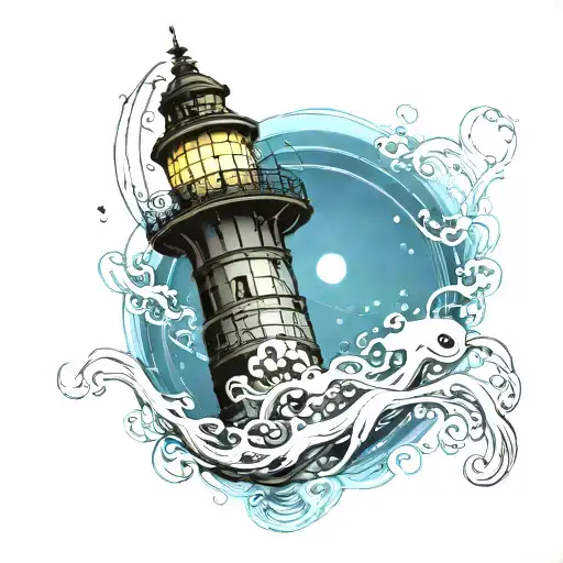 Incandescent Jellyfish In The Ocean With A Lighthouse On Surface