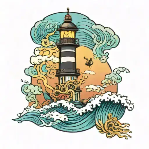 Rainbow Jellyfish In The Ocean With Waves Crashing And A Lighthouse On Surface