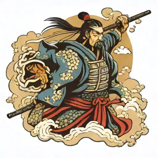Samurai Warrior Wielding With Clouds
