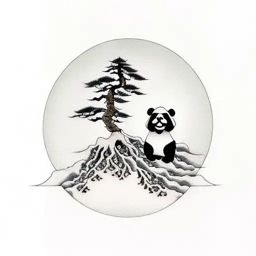 Bonsai Tree With Panda Sitting In Front