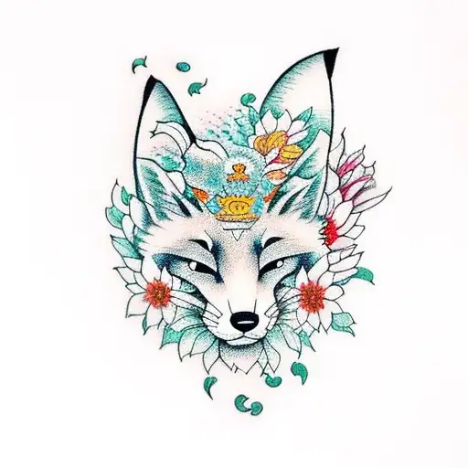 A Traditional-style Fox Adorned With A Crown Of Colorful Flowers