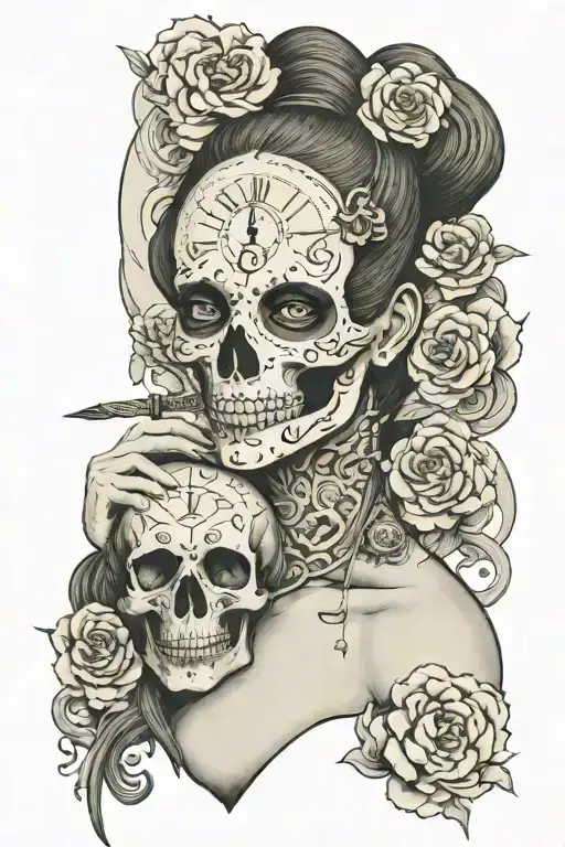 Woman With Skull And Clock Face