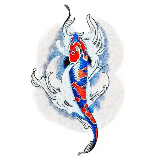 Create A Realistic Tattoo Of A Japanese Koi Fish Swimming Through Polynesian-style Waves