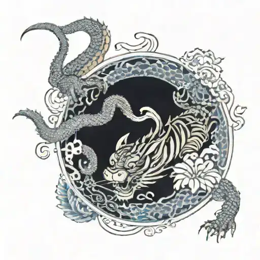 Fine Line Tattoo Design Combining Dragon And Tiger China Porcelain Effect