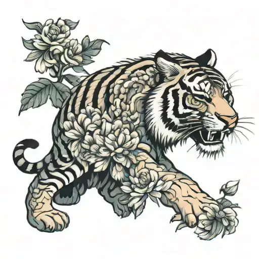 Tiger In Japanese Style Next To Flowers Peonies