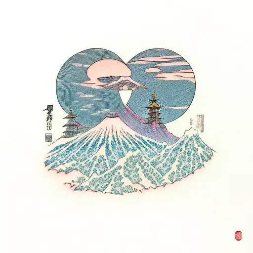 A Traditional Japanese Woodblock Print-style Tattoo Of Frodo And Sam On Their Journey To Mount Doom