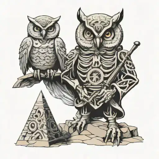 Skeleton Of And Owl With Hour-glass In Hand In Front Of The Pyramid