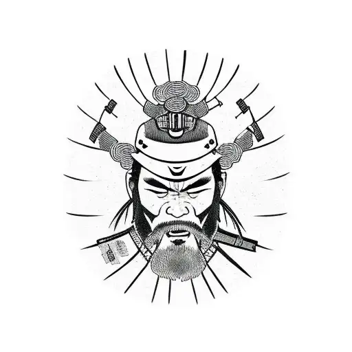 Rugged Japanese Samurai With A Wicked Mask Looking Off Into The Distance With Cherry Blossom