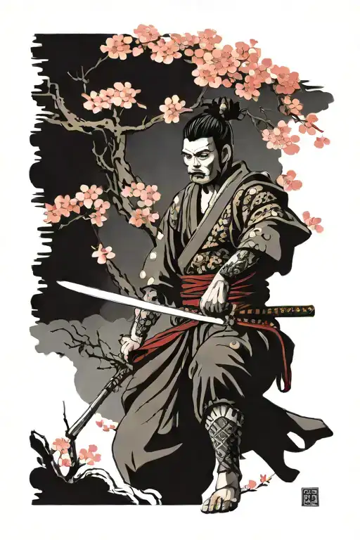 Samurai Warrior Wielding It's Katana In Front Of The Sakura Tree