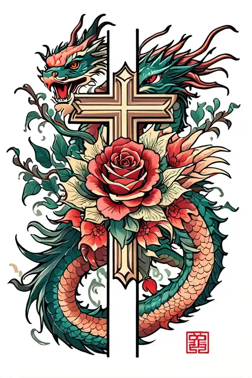 Cross With Roses And A Dragon