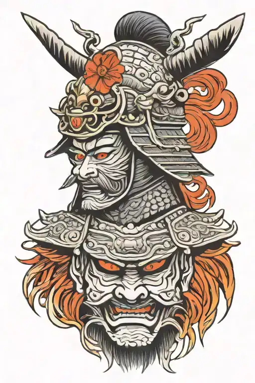 Samurai Head With Helmet With Battle Scene