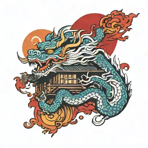 Japanese Dragon On Top Of A Traditionel Japanese House