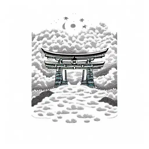 Torii Gate In A Field With A Colourful Starry Night Sky