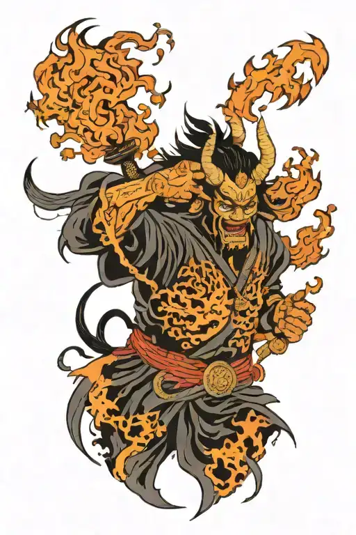 Japanese Samurai Demon In A Mask Is Engulfed In Black Flame