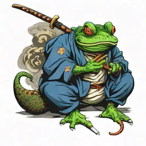 Samurai Frog Smoking Pipe And Wielding A Katana