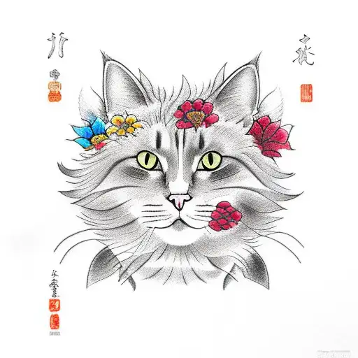 Cat Portrait With Flower Border