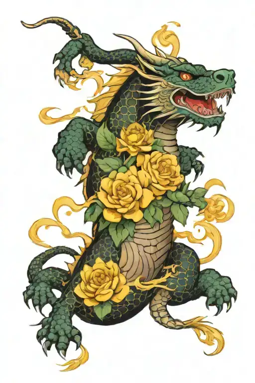 Dragon And Tiger Fighting With Daisys And Roses Around Them