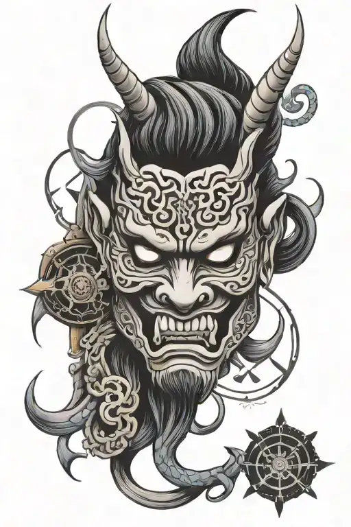 Oni Mask And Compass Intertwined
