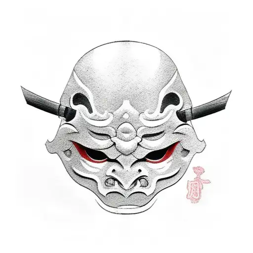 Japanes Oni Mask Pierced With Katana And Temple Gate In The Background