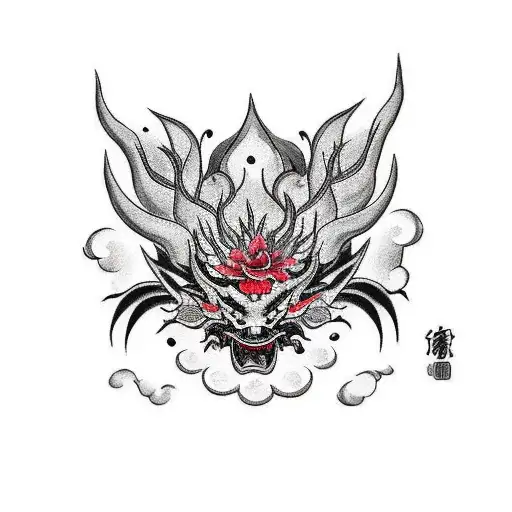 Black Dragon With Red Lycoris In Japanese Style