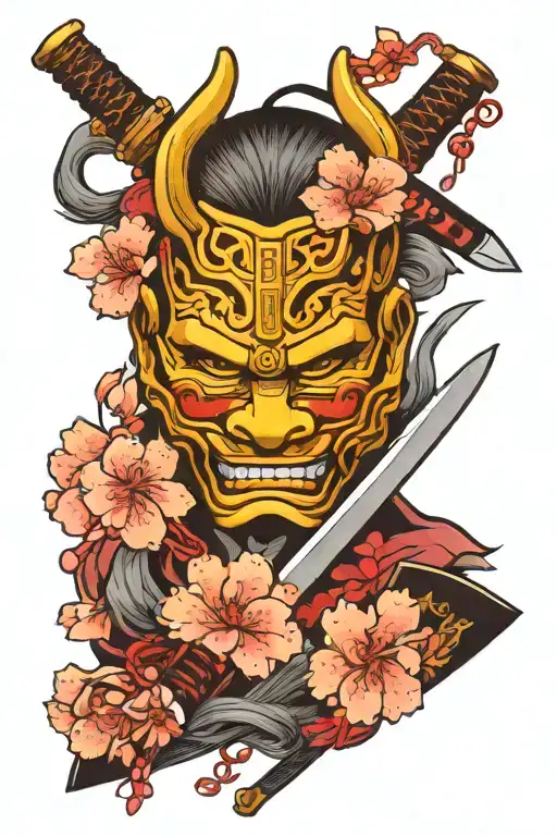 Japanese Cherry Blossom Tree With Katana And A Japanese Oni Mask