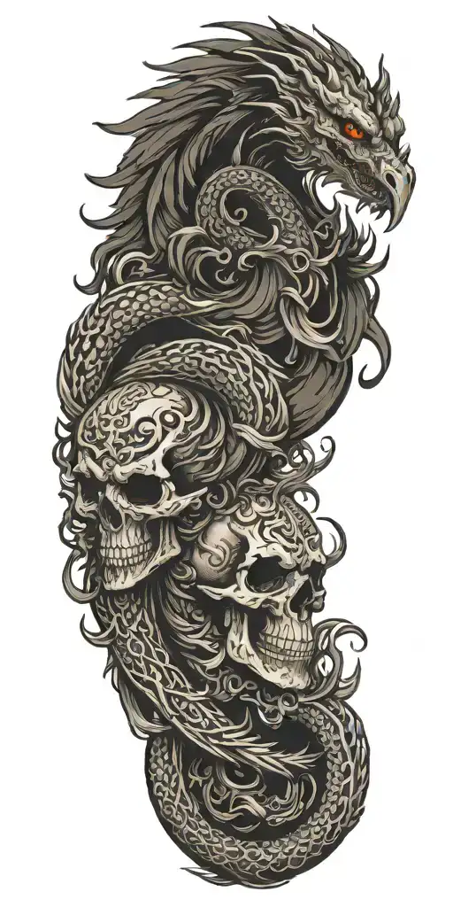 Chinese Dragon And Phoenix And Skull And Moon And Patterns Of Scandinavian Mythology