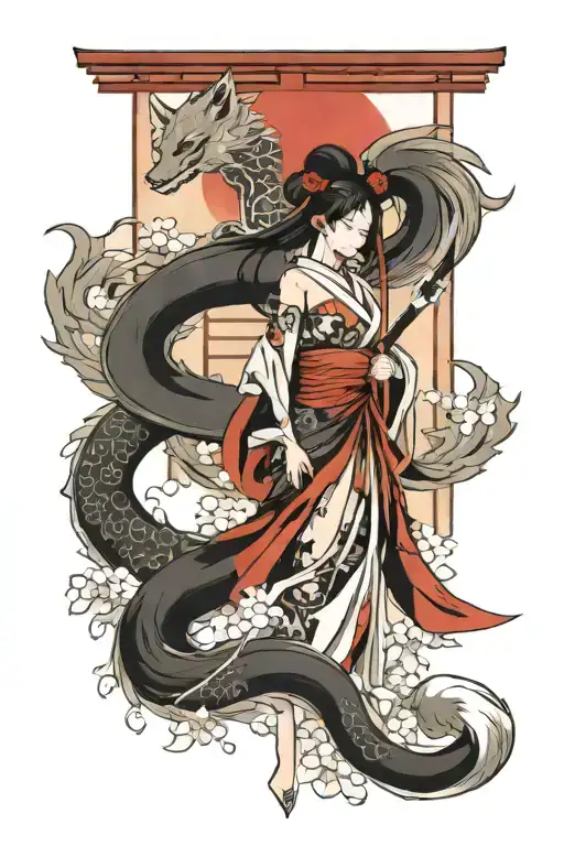 9 Tailed Fox Over A Torii And A Sensual Kitsune Girl Full Body With A Katana